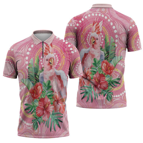 Breast Cancer Pink Cockatoo Zipper Polo Shirt Indigenous Australia Watercolor Glaze - Aussie Hoodie