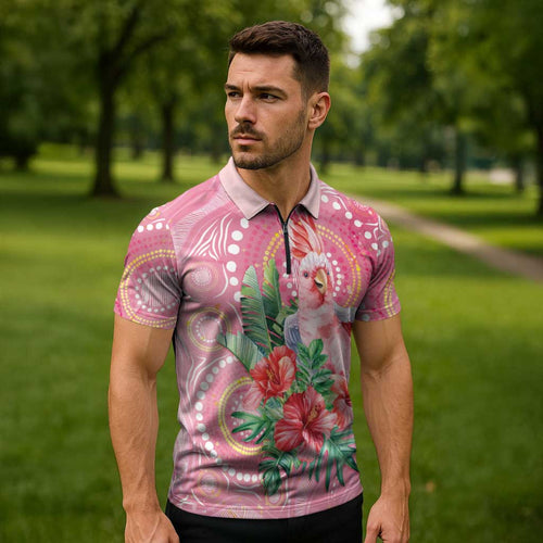 Breast Cancer Pink Cockatoo Zipper Polo Shirt Indigenous Australia Watercolor Glaze - Aussie Hoodie