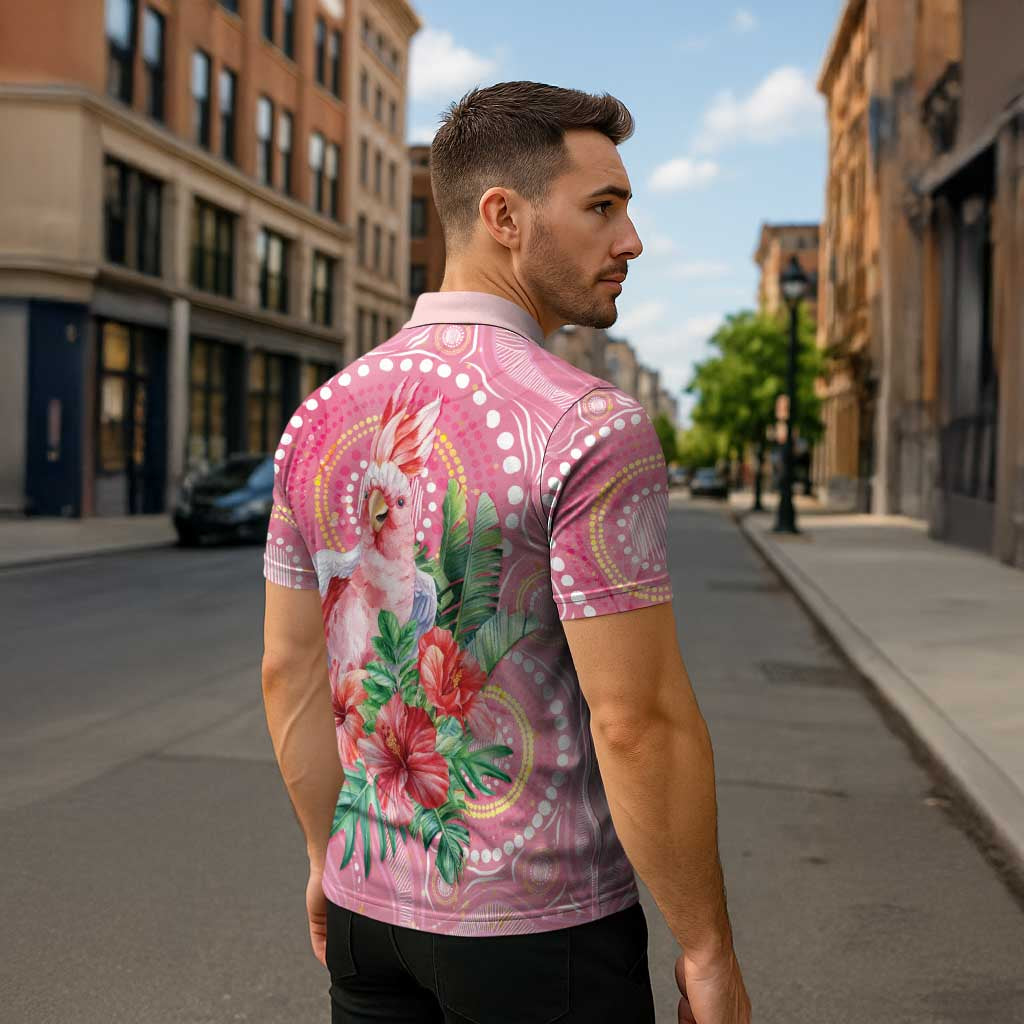Breast Cancer Pink Cockatoo Zipper Polo Shirt Indigenous Australia Watercolor Glaze - Aussie Hoodie