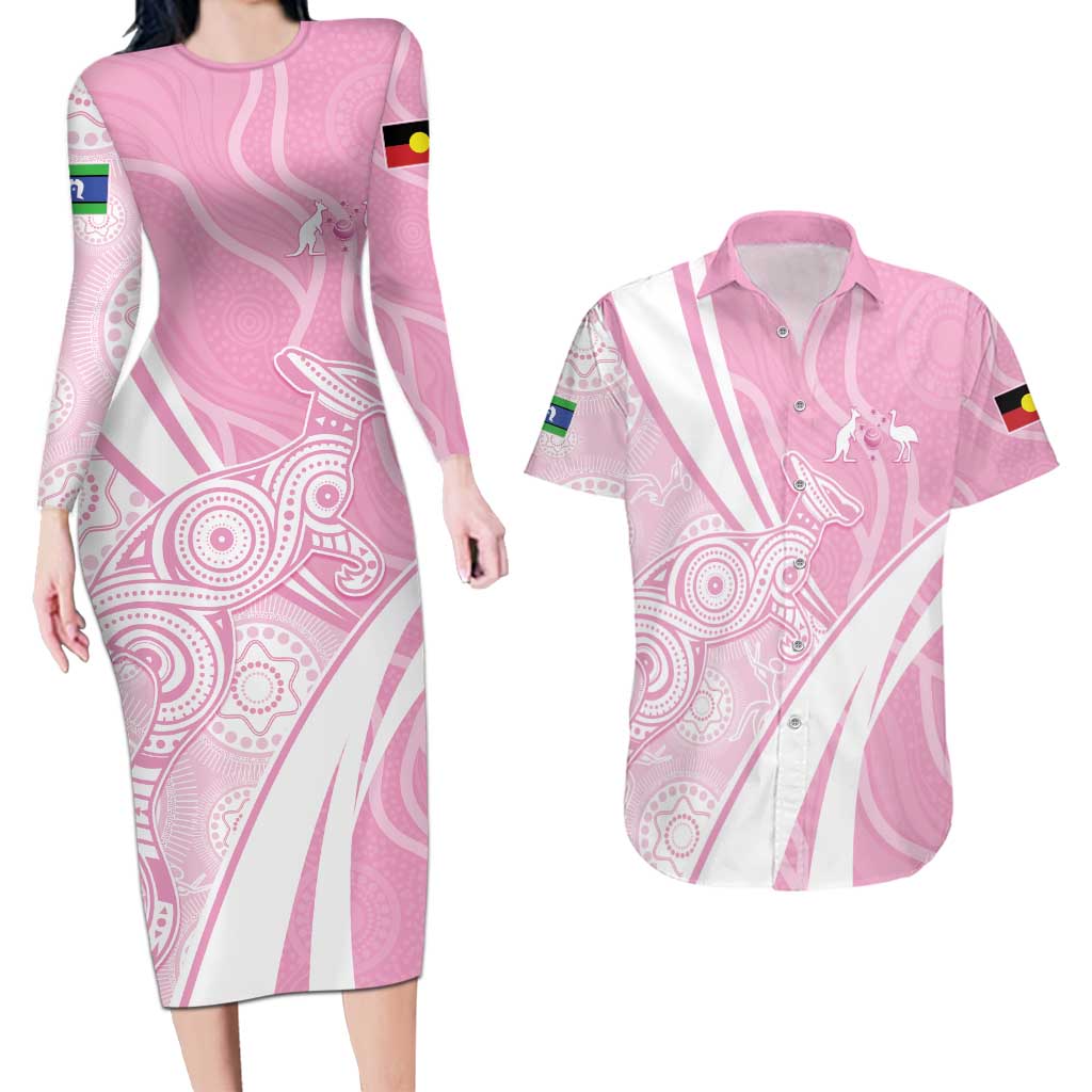 Australia Bowls Personalised Indigenous Pink Round Couples Matching Long Sleeve Bodycon Dress and Hawaiian Shirt - Aussie Hoodie