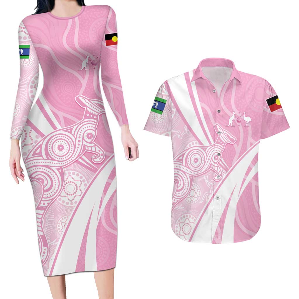 Australia Bowls Personalised Indigenous Pink Round Couples Matching Long Sleeve Bodycon Dress and Hawaiian Shirt - Aussie Hoodie