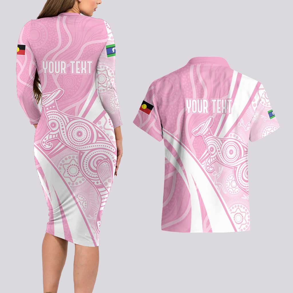 Australia Bowls Personalised Indigenous Pink Round Couples Matching Long Sleeve Bodycon Dress and Hawaiian Shirt - Aussie Hoodie