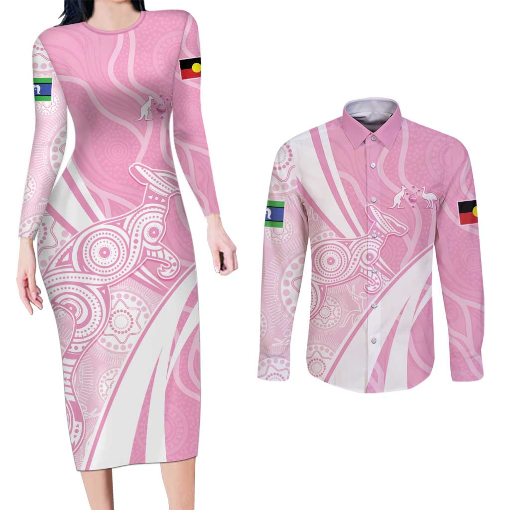 Australia Bowls Personalised Indigenous Pink Round Couples Matching Long Sleeve Bodycon Dress and Long Sleeve Button Shirt - Aussie Hoodie