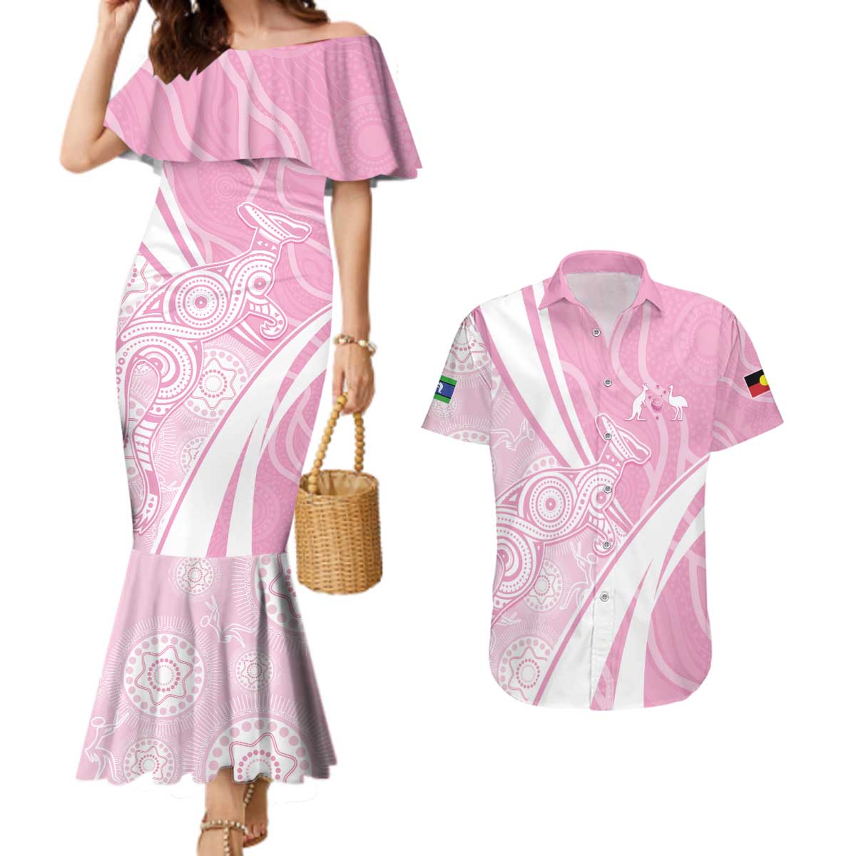 Australia Bowls Personalised Indigenous Pink Round Couples Matching Mermaid Dress and Hawaiian Shirt - Aussie Hoodie