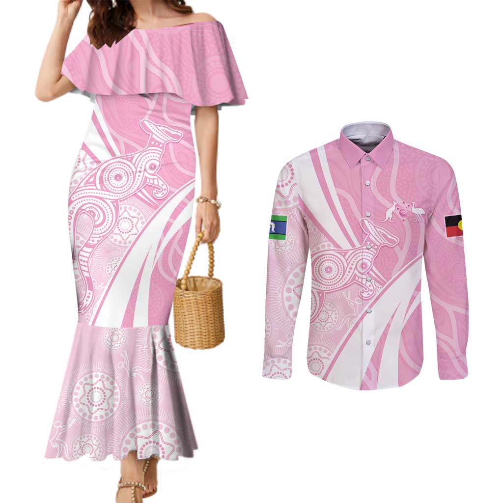 Australia Bowls Personalised Indigenous Pink Round Couples Matching Mermaid Dress and Long Sleeve Button Shirt - Aussie Hoodie
