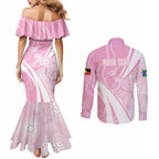 Australia Bowls Personalised Indigenous Pink Round Couples Matching Mermaid Dress and Long Sleeve Button Shirt - Aussie Hoodie