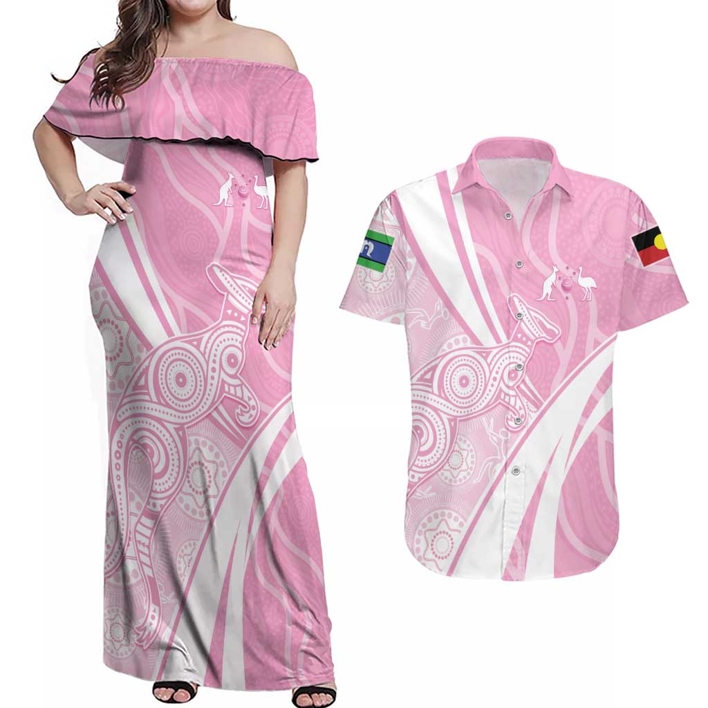 Australia Bowls Personalised Indigenous Pink Round Couples Matching Off Shoulder Maxi Dress and Hawaiian Shirt - Aussie Hoodie