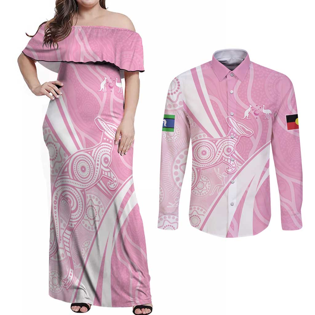 Australia Bowls Personalised Indigenous Pink Round Couples Matching Off Shoulder Maxi Dress and Long Sleeve Button Shirt - Aussie Hoodie