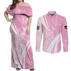 Australia Bowls Personalised Indigenous Pink Round Couples Matching Off Shoulder Maxi Dress and Long Sleeve Button Shirt - Aussie Hoodie