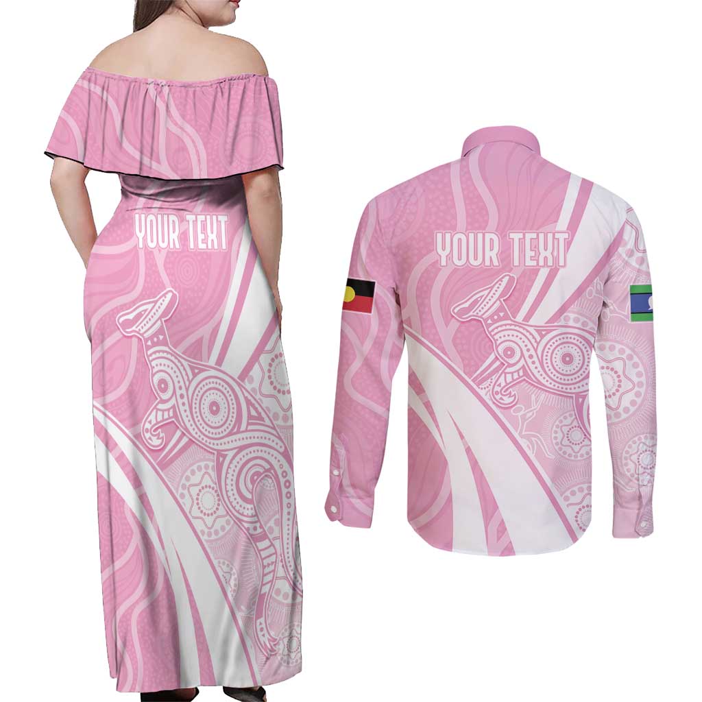 Australia Bowls Personalised Indigenous Pink Round Couples Matching Off Shoulder Maxi Dress and Long Sleeve Button Shirt - Aussie Hoodie