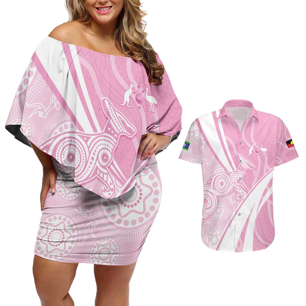 Australia Bowls Personalised Indigenous Pink Round Couples Matching Off Shoulder Short Dress and Hawaiian Shirt - Aussie Hoodie