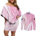 Australia Bowls Personalised Indigenous Pink Round Couples Matching Off Shoulder Short Dress and Long Sleeve Button Shirt - Aussie Hoodie