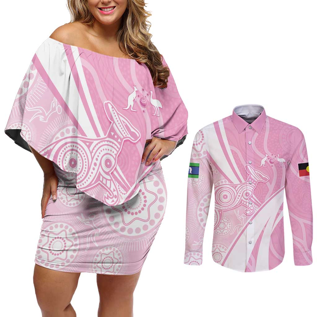 Australia Bowls Personalised Indigenous Pink Round Couples Matching Off Shoulder Short Dress and Long Sleeve Button Shirt - Aussie Hoodie