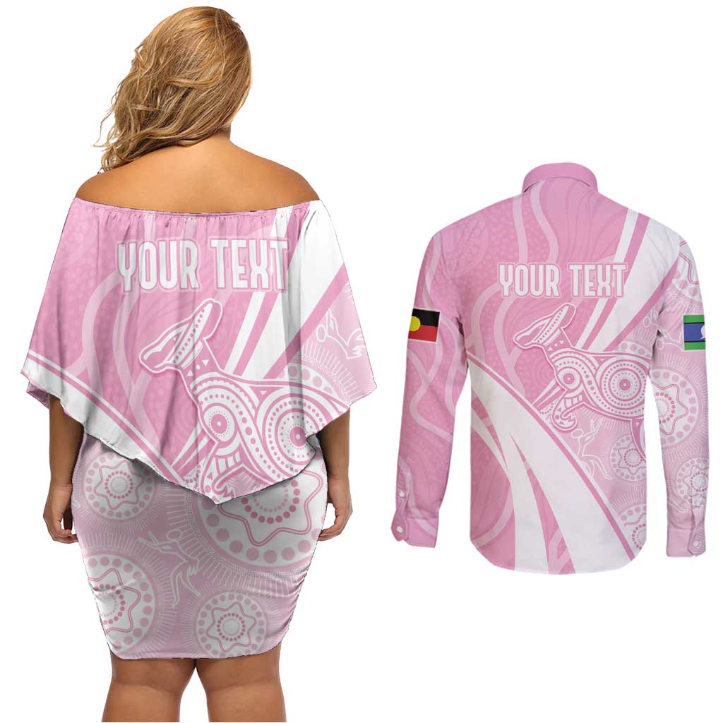 Australia Bowls Personalised Indigenous Pink Round Couples Matching Off Shoulder Short Dress and Long Sleeve Button Shirt - Aussie Hoodie