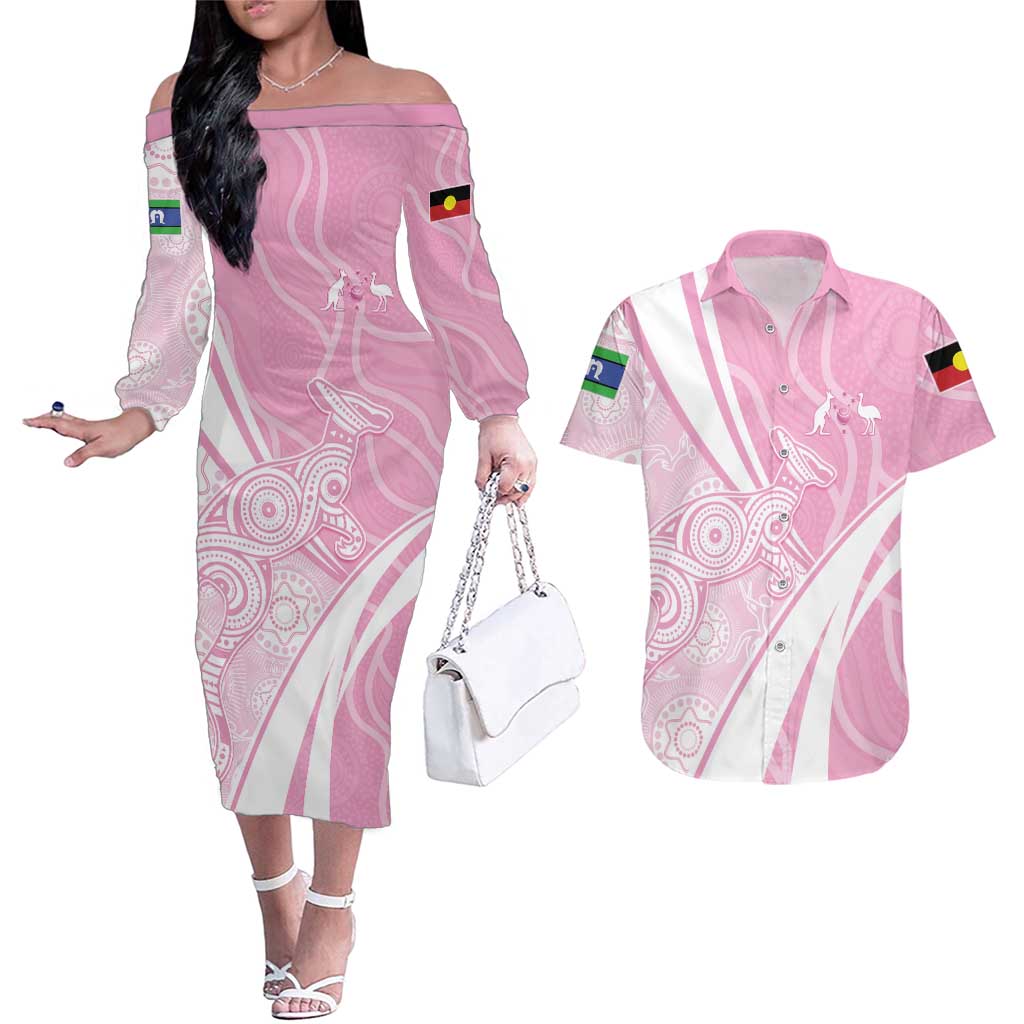 Australia Bowls Personalised Indigenous Pink Round Couples Matching Off The Shoulder Long Sleeve Dress and Hawaiian Shirt - Aussie Hoodie