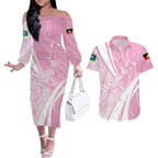 Australia Bowls Personalised Indigenous Pink Round Couples Matching Off The Shoulder Long Sleeve Dress and Hawaiian Shirt - Aussie Hoodie