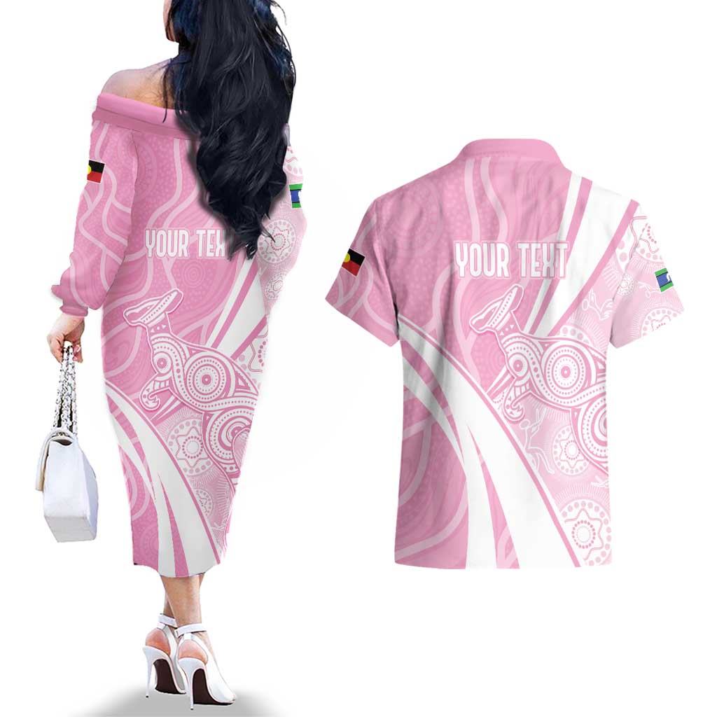 Australia Bowls Personalised Indigenous Pink Round Couples Matching Off The Shoulder Long Sleeve Dress and Hawaiian Shirt - Aussie Hoodie