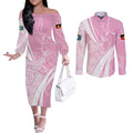 Australia Bowls Personalised Indigenous Pink Round Couples Matching Off The Shoulder Long Sleeve Dress and Long Sleeve Button Shirt - Aussie Hoodie