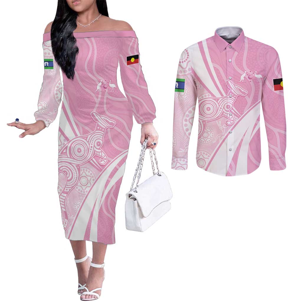 Australia Bowls Personalised Indigenous Pink Round Couples Matching Off The Shoulder Long Sleeve Dress and Long Sleeve Button Shirt - Aussie Hoodie