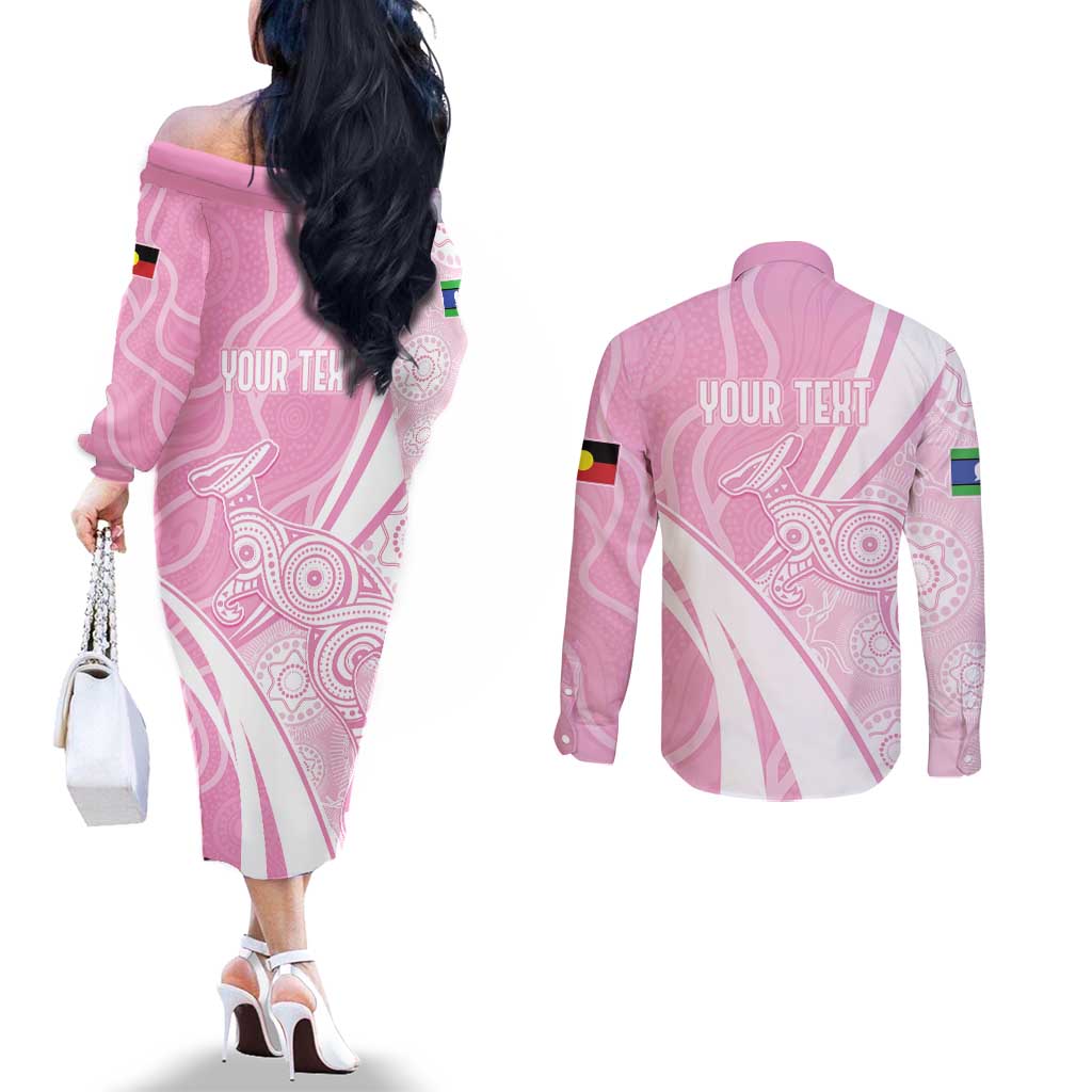 Australia Bowls Personalised Indigenous Pink Round Couples Matching Off The Shoulder Long Sleeve Dress and Long Sleeve Button Shirt - Aussie Hoodie