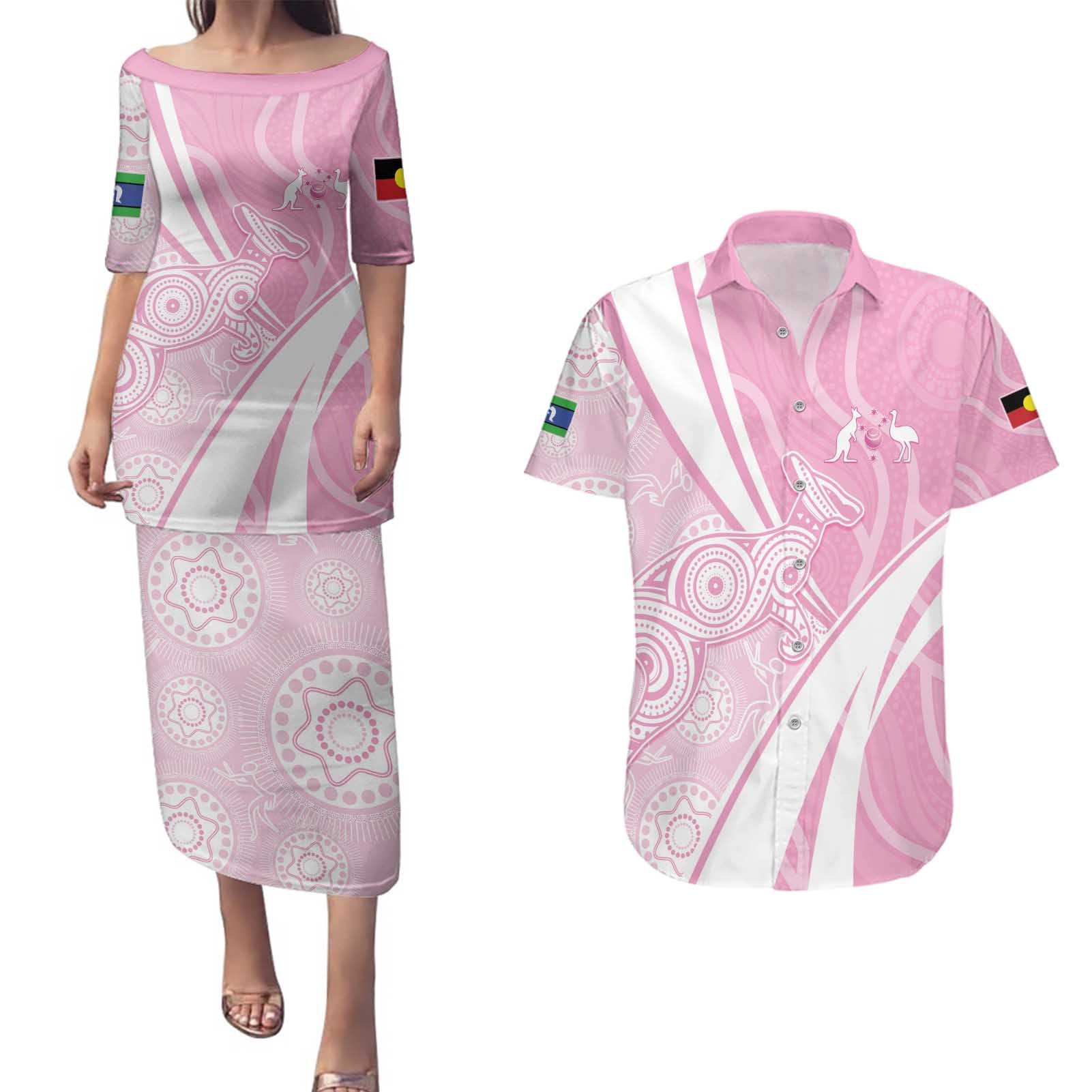 Australia Bowls Personalised Indigenous Pink Round Couples Matching Puletasi and Hawaiian Shirt - Aussie Hoodie