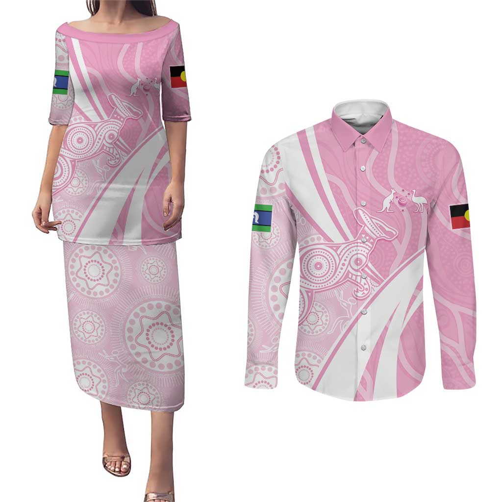Australia Bowls Personalised Indigenous Pink Round Couples Matching Puletasi and Long Sleeve Button Shirt - Aussie Hoodie