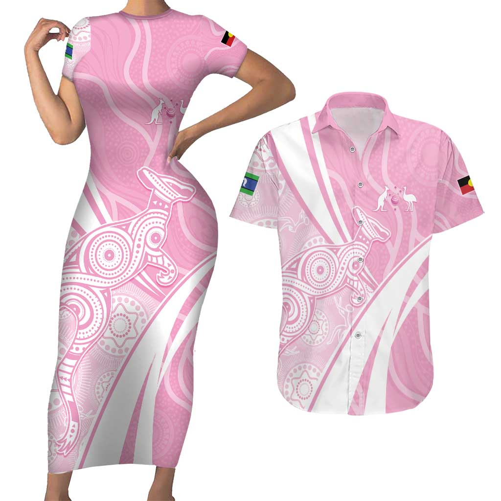 Australia Bowls Personalised Indigenous Pink Round Couples Matching Short Sleeve Bodycon Dress and Hawaiian Shirt - Aussie Hoodie