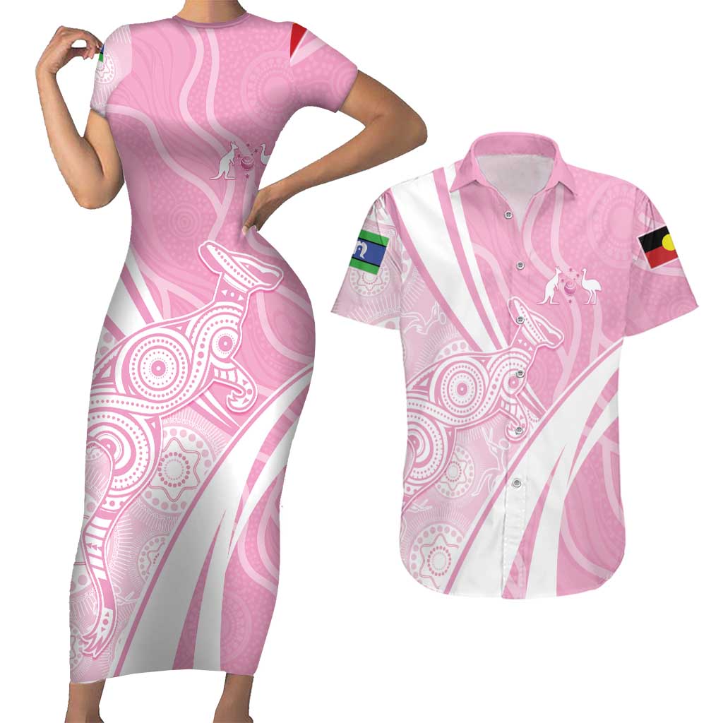 Australia Bowls Personalised Indigenous Pink Round Couples Matching Short Sleeve Bodycon Dress and Hawaiian Shirt - Aussie Hoodie