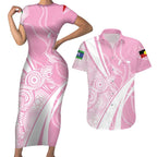 Australia Bowls Personalised Indigenous Pink Round Couples Matching Short Sleeve Bodycon Dress and Hawaiian Shirt - Aussie Hoodie