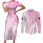 Australia Bowls Personalised Indigenous Pink Round Couples Matching Short Sleeve Bodycon Dress and Long Sleeve Button Shirt - Aussie Hoodie