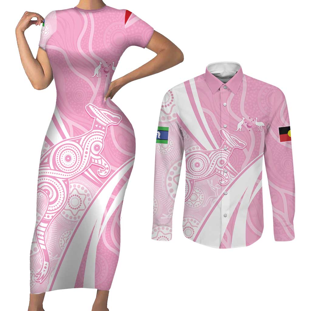 Australia Bowls Personalised Indigenous Pink Round Couples Matching Short Sleeve Bodycon Dress and Long Sleeve Button Shirt - Aussie Hoodie
