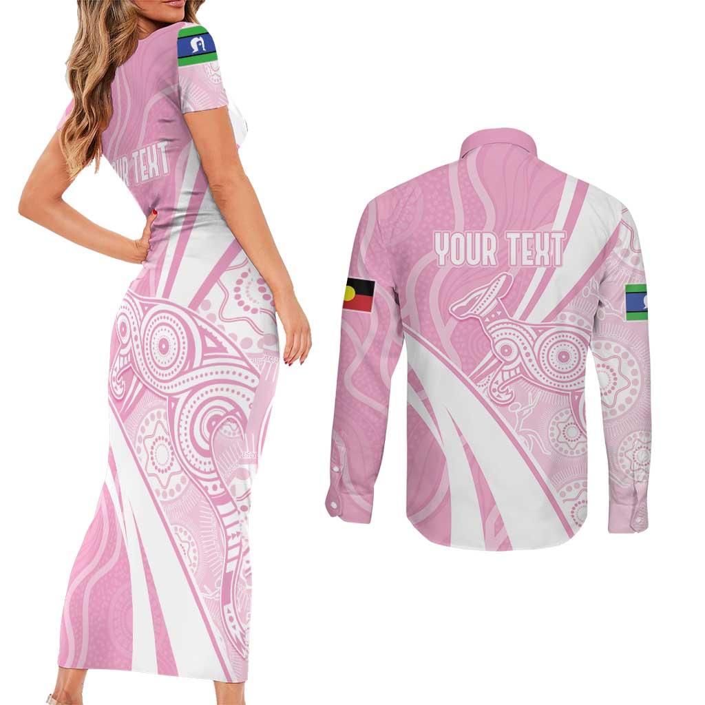 Australia Bowls Personalised Indigenous Pink Round Couples Matching Short Sleeve Bodycon Dress and Long Sleeve Button Shirt - Aussie Hoodie