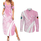 Australia Bowls Personalised Indigenous Pink Round Couples Matching Summer Maxi Dress and Long Sleeve Button Shirt - Aussie Hoodie