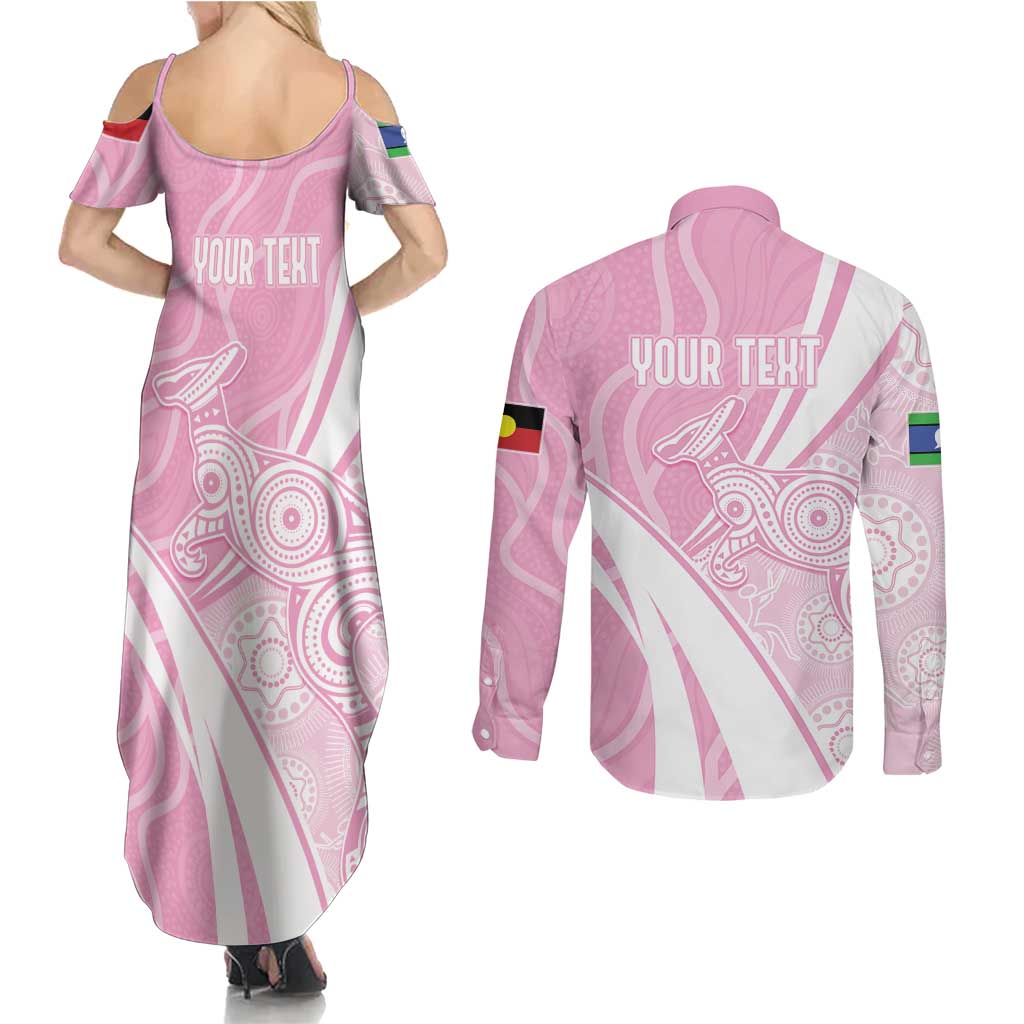 Australia Bowls Personalised Indigenous Pink Round Couples Matching Summer Maxi Dress and Long Sleeve Button Shirt - Aussie Hoodie