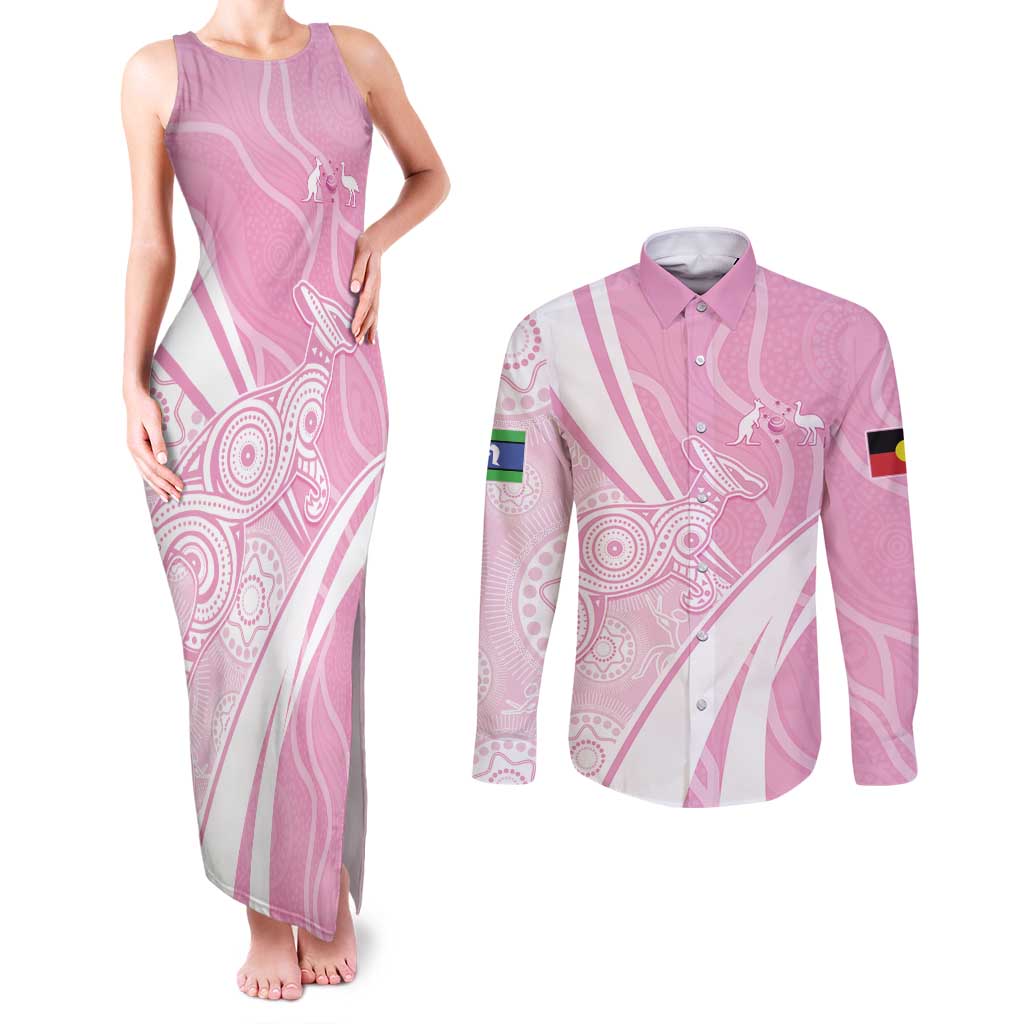 Australia Bowls Personalised Indigenous Pink Round Couples Matching Tank Maxi Dress and Long Sleeve Button Shirt - Aussie Hoodie