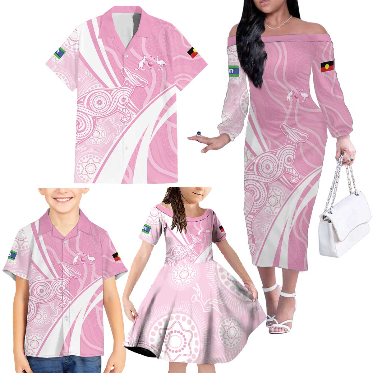 Australia Bowls Personalised Indigenous Pink Round Family Matching Off The Shoulder Long Sleeve Dress and Hawaiian Shirt - Aussie Hoodie