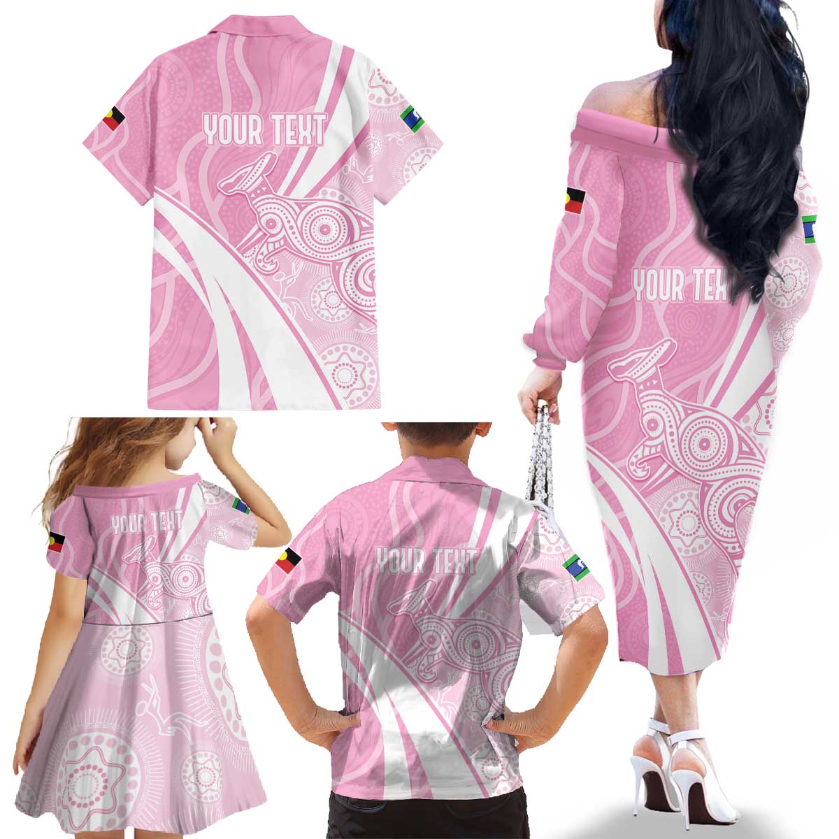 Australia Bowls Personalised Indigenous Pink Round Family Matching Off The Shoulder Long Sleeve Dress and Hawaiian Shirt - Aussie Hoodie