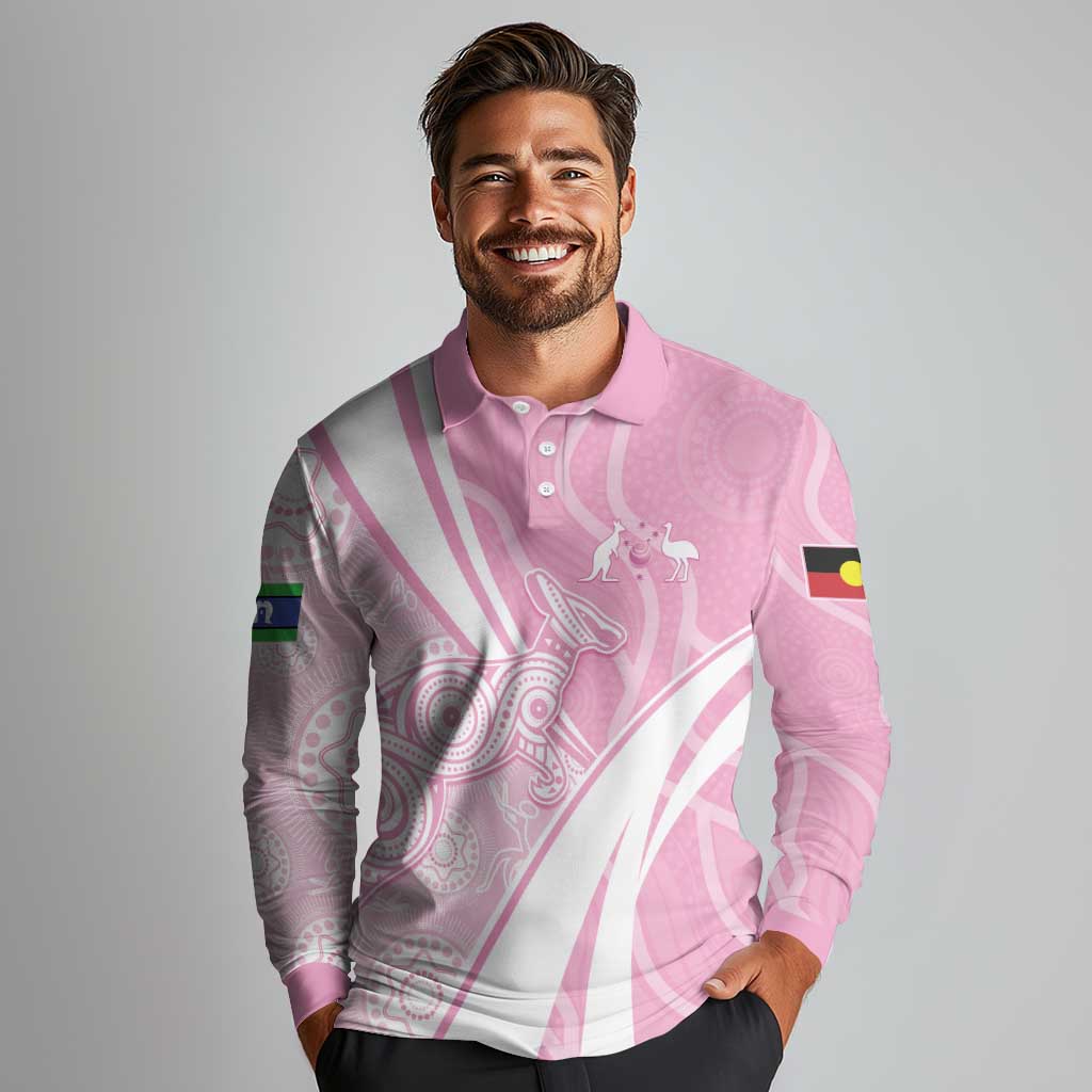 Australia Bowls Personalised Indigenous Pink Round Long Sleeve Polo Shirt - Aussie Hoodie