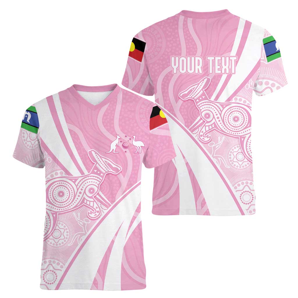 Australia Bowls Personalised Indigenous Pink Round Women V-Neck T-Shirt - Aussie Hoodie