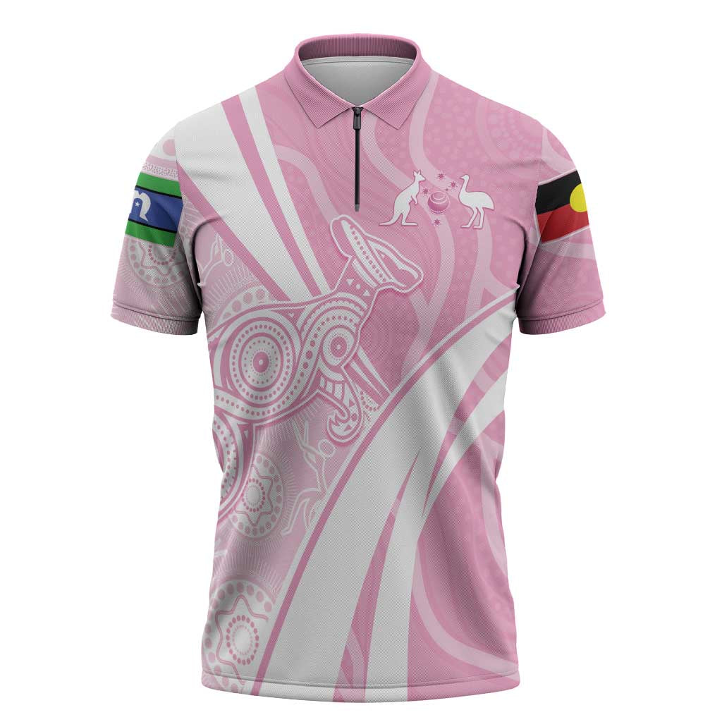 Australia Bowls Personalised Indigenous Pink Round Zipper Polo Shirt - Aussie Hoodie