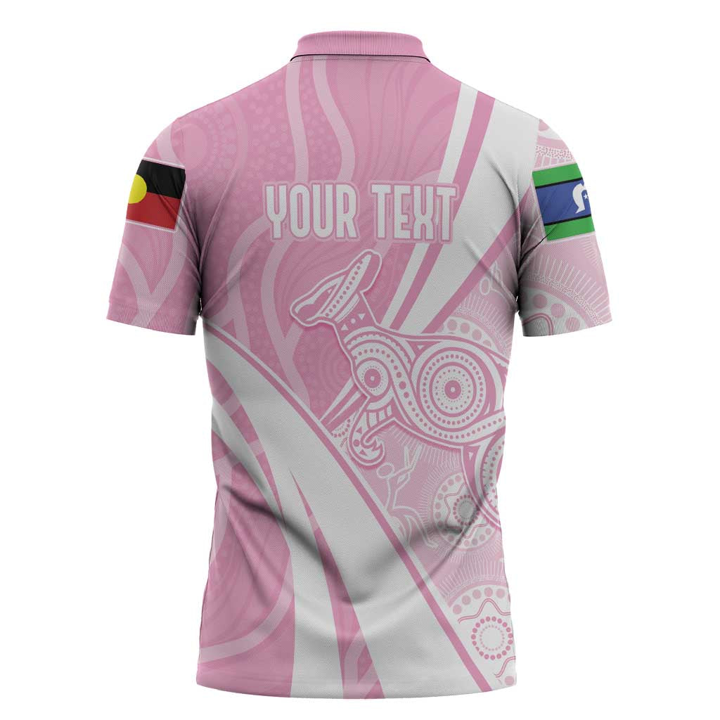 Australia Bowls Personalised Indigenous Pink Round Zipper Polo Shirt - Aussie Hoodie