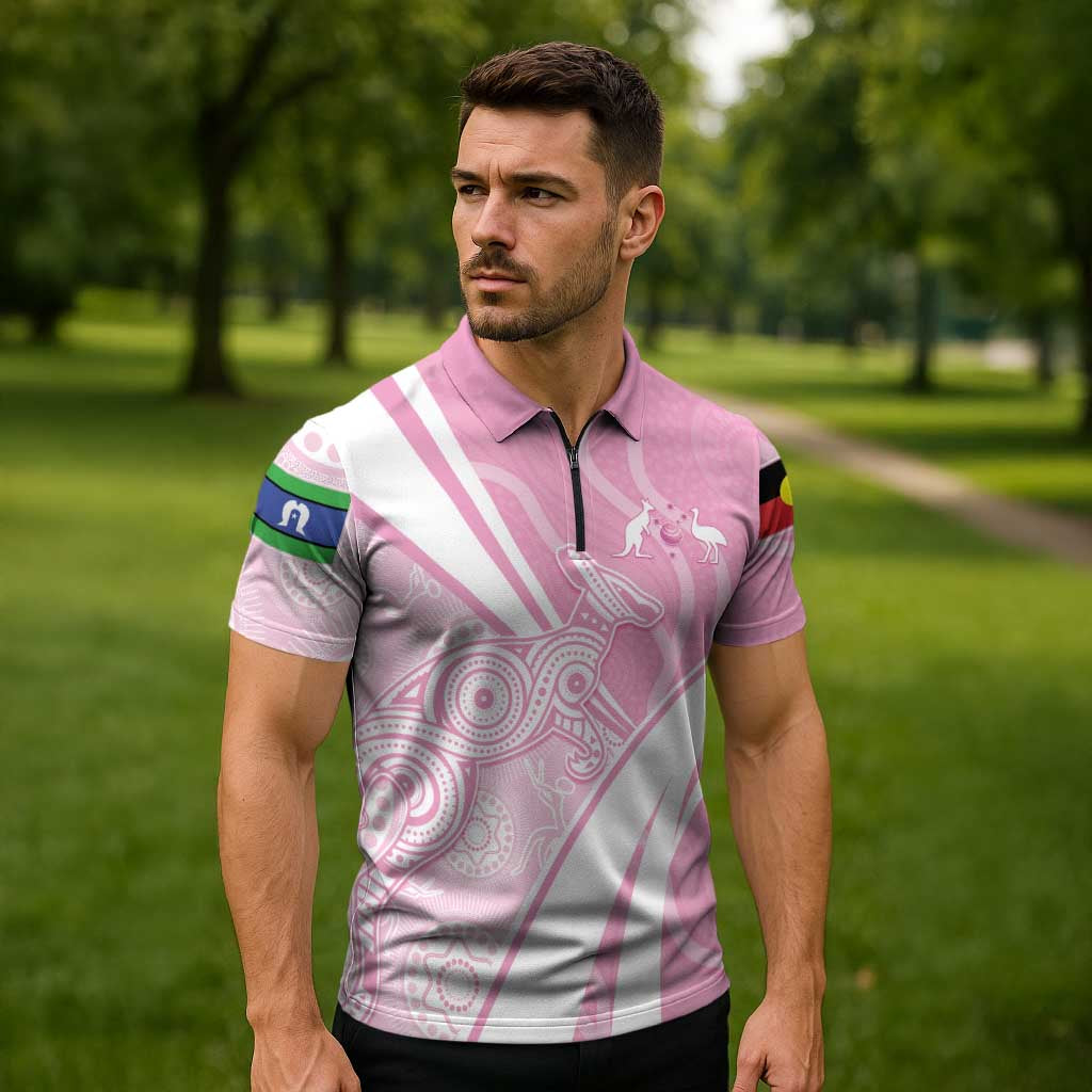 Australia Bowls Personalised Indigenous Pink Round Zipper Polo Shirt - Aussie Hoodie