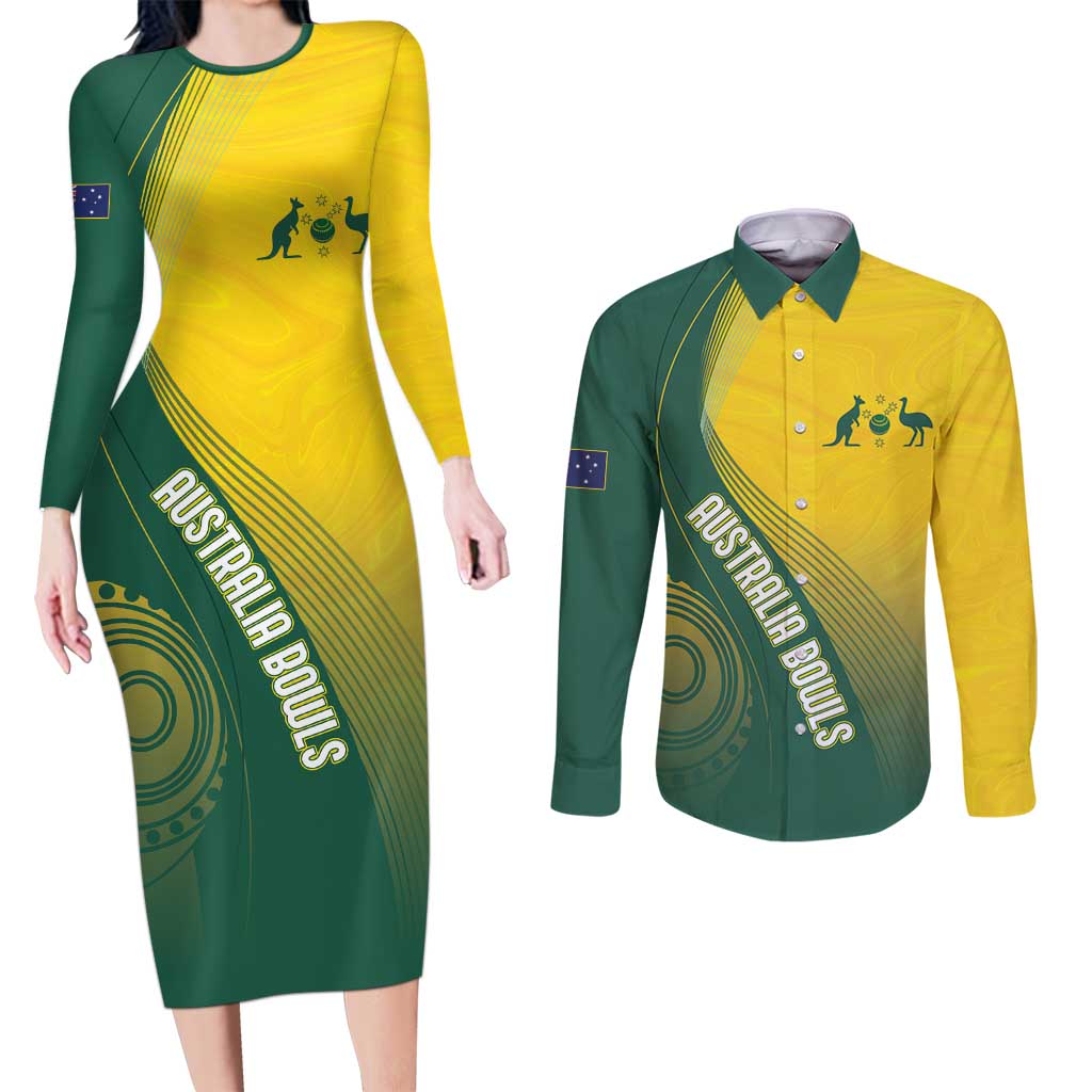 Australia Bowls Personalised Couples Matching Long Sleeve Bodycon Dress and Long Sleeve Button Shirt Basic Marble Glaze - National Color - Aussie Hoodie