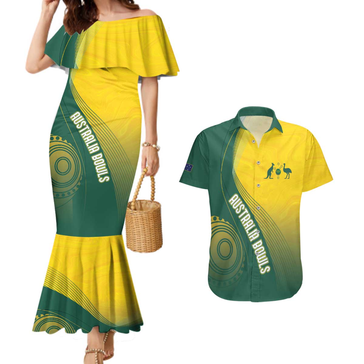 Australia Bowls Personalised Couples Matching Mermaid Dress and Hawaiian Shirt Basic Marble Glaze - National Color - Aussie Hoodie