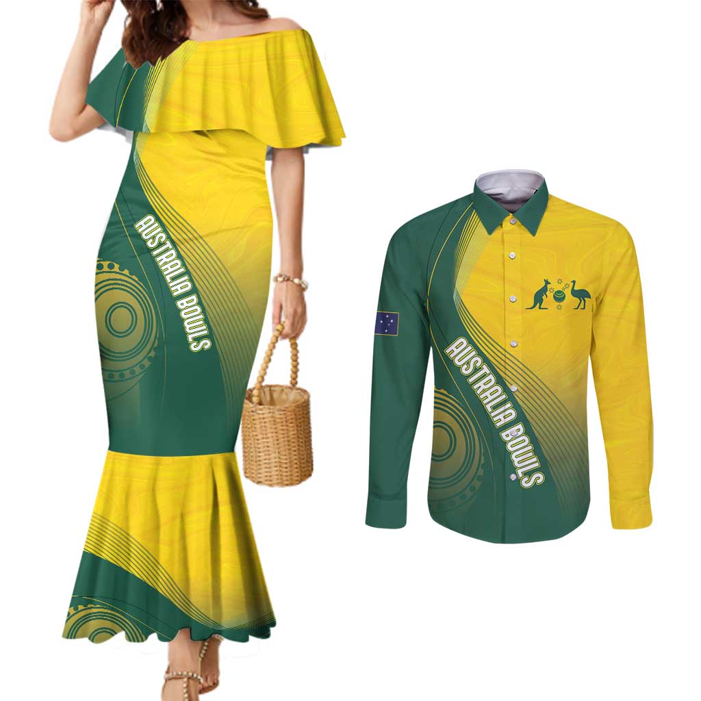 Australia Bowls Personalised Couples Matching Mermaid Dress and Long Sleeve Button Shirt Basic Marble Glaze - National Color - Aussie Hoodie