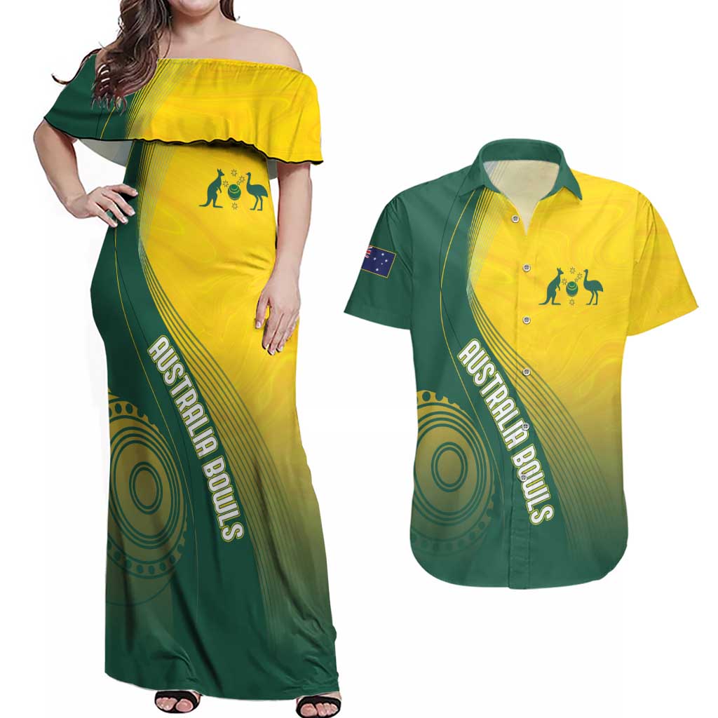Australia Bowls Personalised Couples Matching Off Shoulder Maxi Dress and Hawaiian Shirt Basic Marble Glaze - National Color - Aussie Hoodie