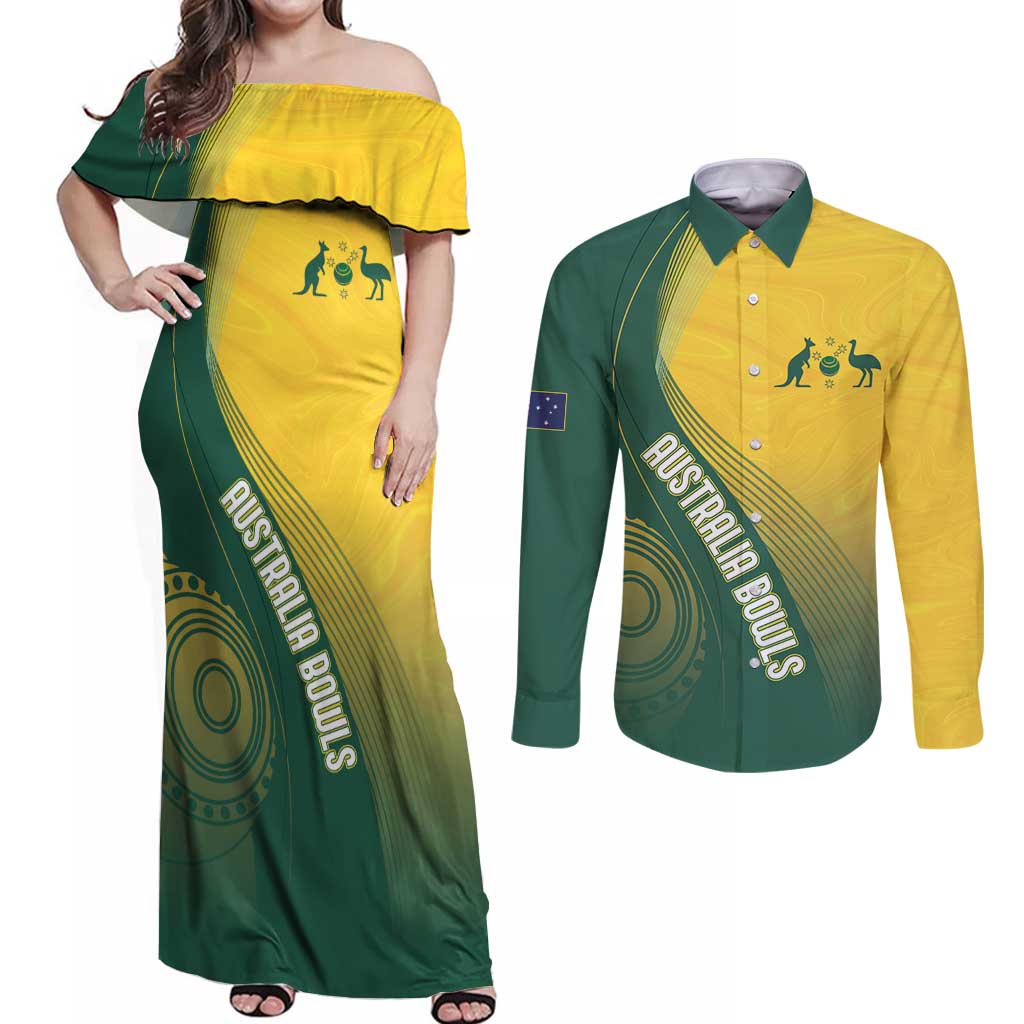 Australia Bowls Personalised Couples Matching Off Shoulder Maxi Dress and Long Sleeve Button Shirt Basic Marble Glaze - National Color - Aussie Hoodie