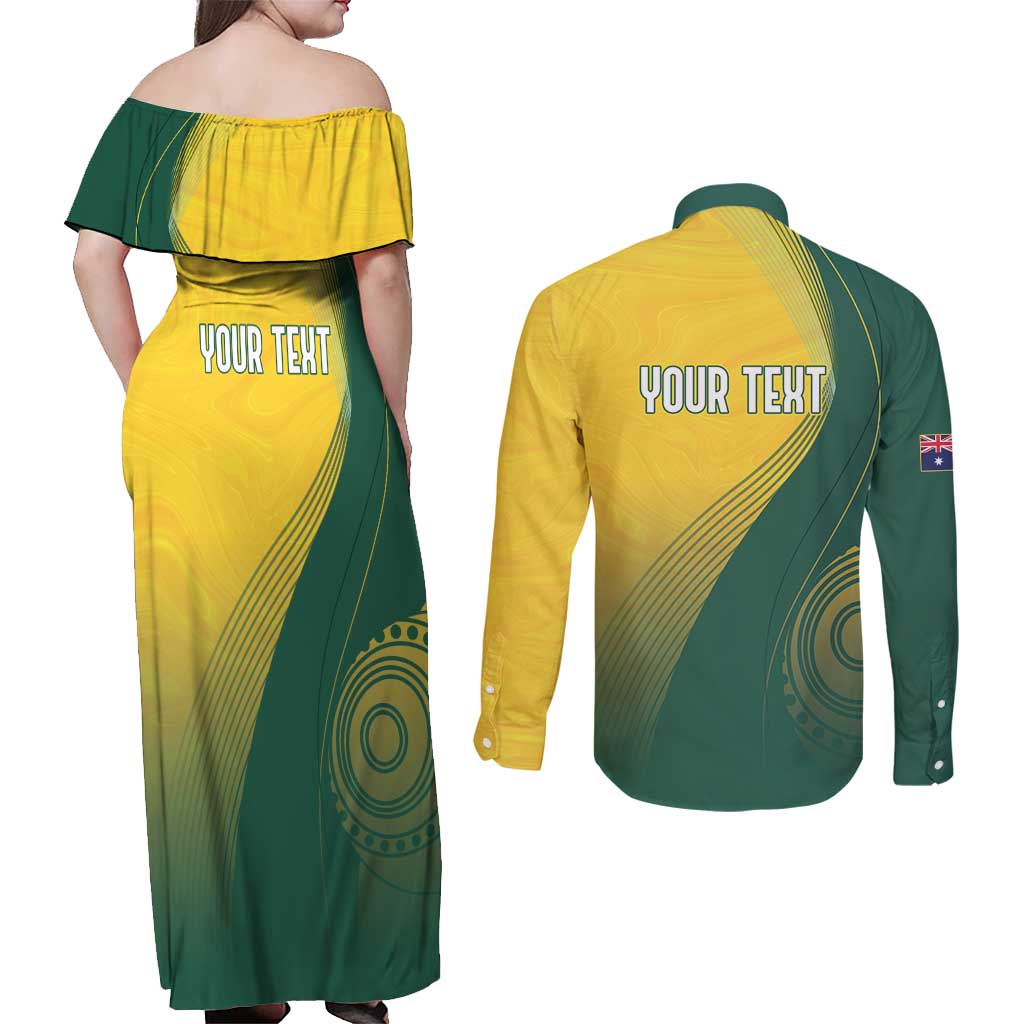 Australia Bowls Personalised Couples Matching Off Shoulder Maxi Dress and Long Sleeve Button Shirt Basic Marble Glaze - National Color - Aussie Hoodie