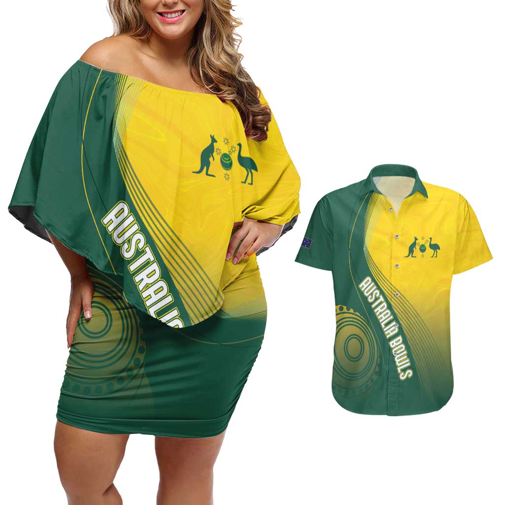 Australia Bowls Personalised Couples Matching Off Shoulder Short Dress and Hawaiian Shirt Basic Marble Glaze - National Color - Aussie Hoodie