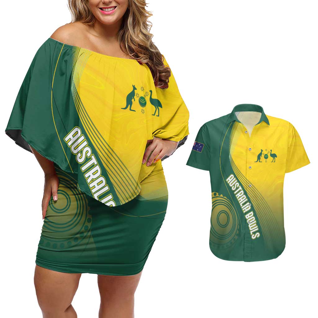 Australia Bowls Personalised Couples Matching Off Shoulder Short Dress and Hawaiian Shirt Basic Marble Glaze - National Color - Aussie Hoodie